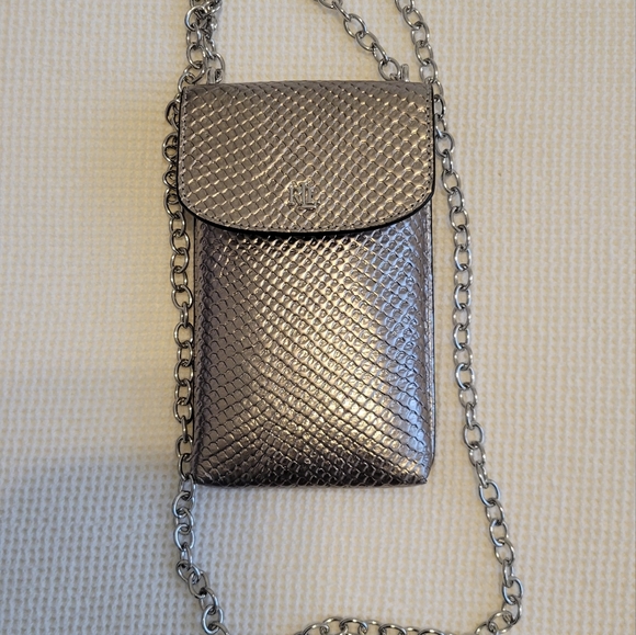 NWOT Lauren Ralph Lauren Silver Crossbody Chain Snakeskin Embossed Phone Purse - Picture 2 of 5